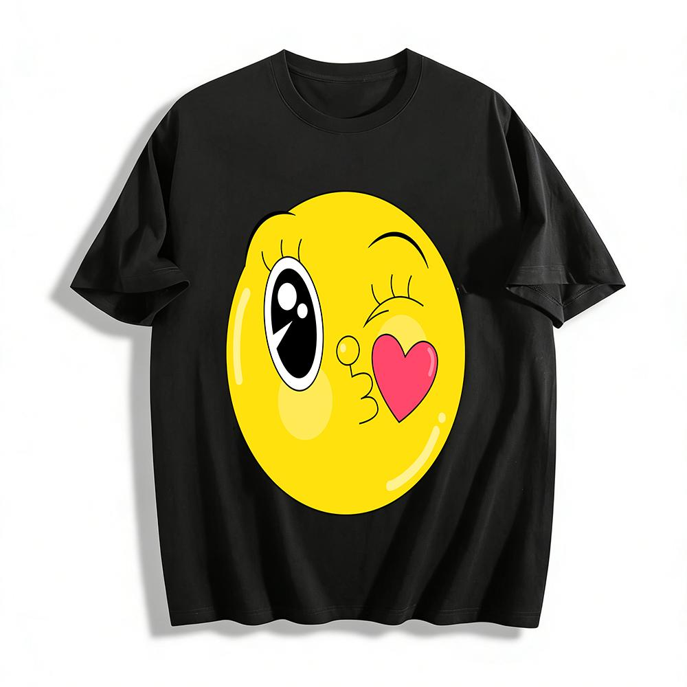 Cute Wink Blowing Kiss Heart Smile Face Print Casual T-Shirt Unisex Loose Comfortable Daily Top Pure cotton T-shirt
