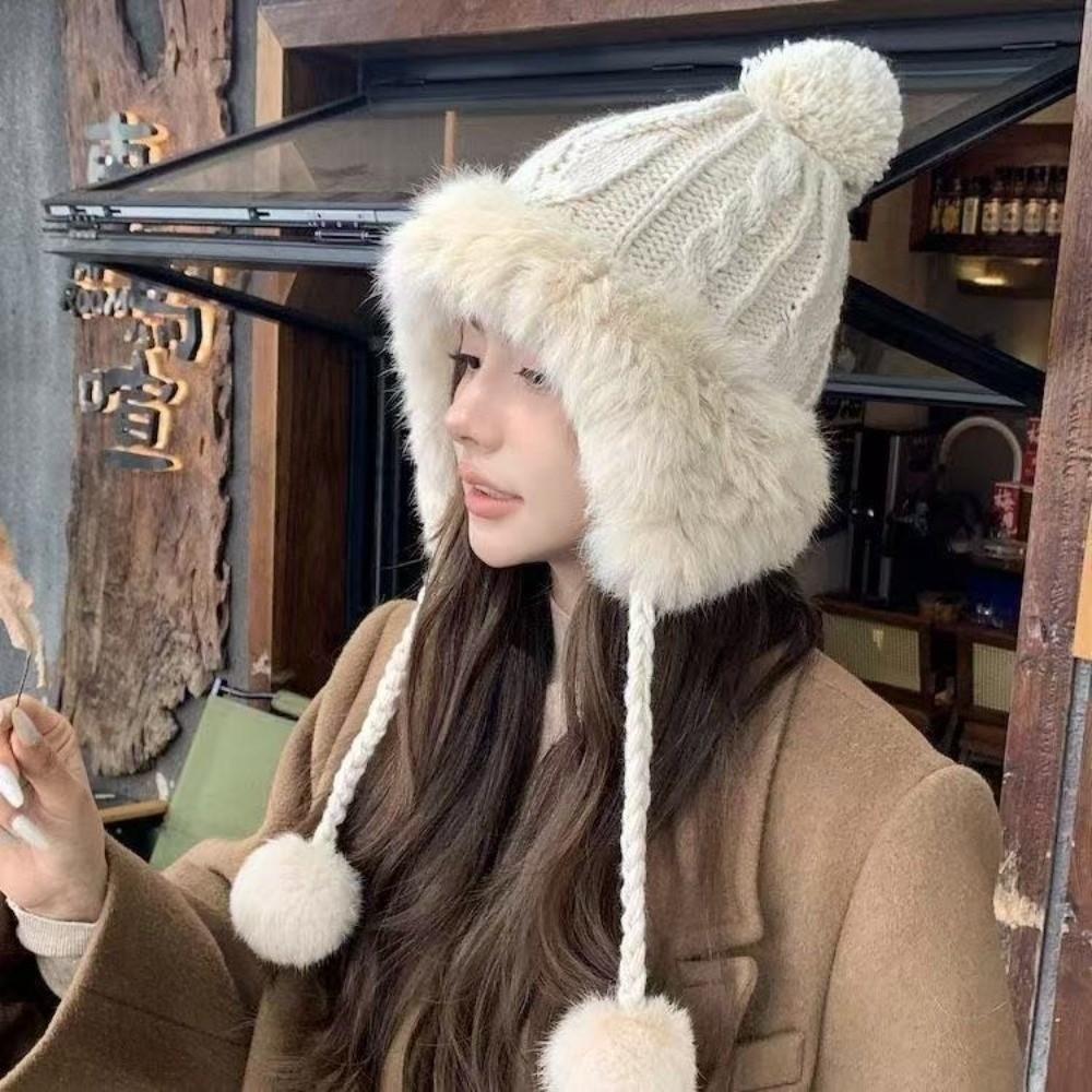 Pompom Knitted Hat Knitted Ear Protection Hat New Beanie Hat  Autumn and Winter
