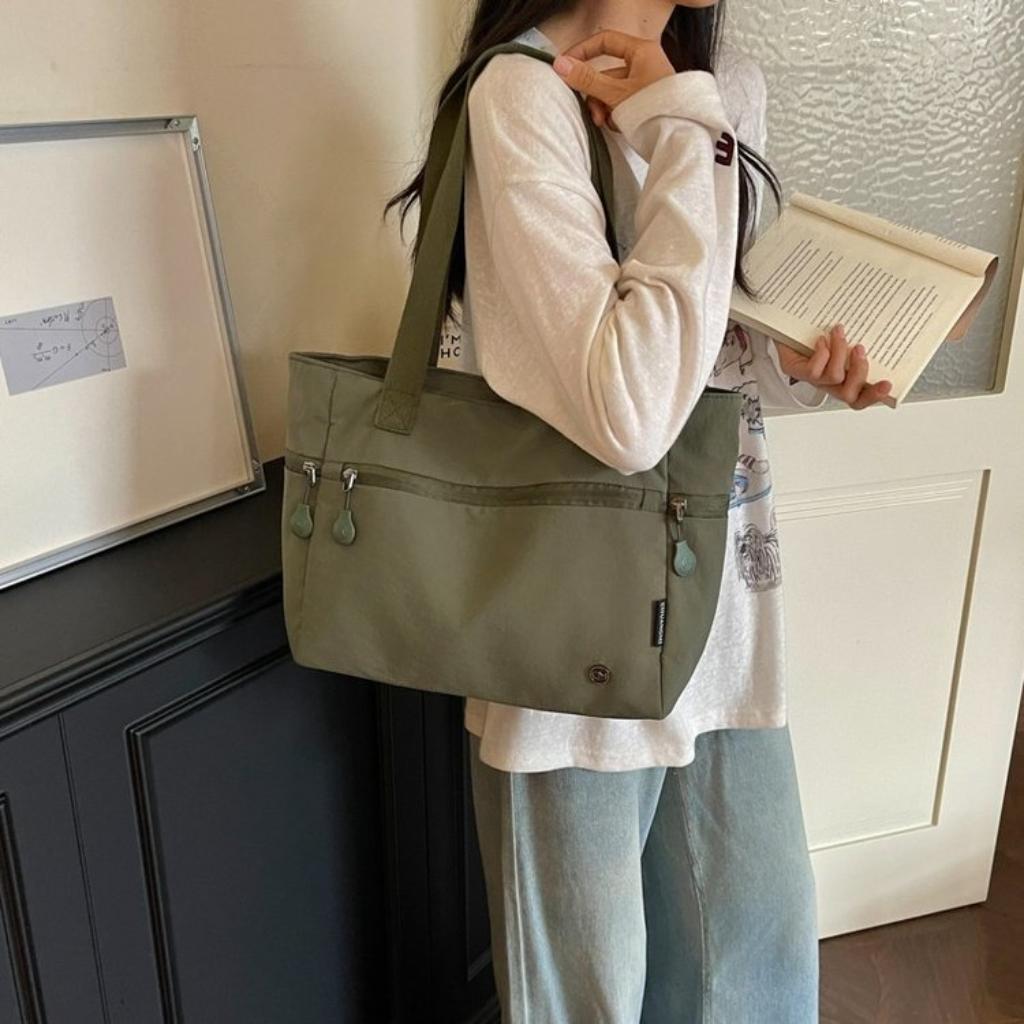 Shoulder Bag Women Canvas Multi Compartment Zipper Storage Daily