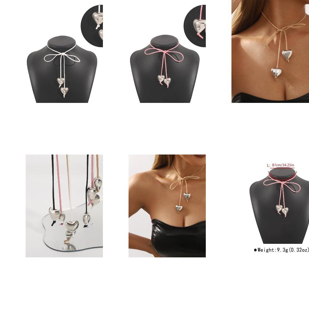 A52E Fashion Heart Pendant Necklace Adjustable Velvets Rope Bowknot Collarbone Chain