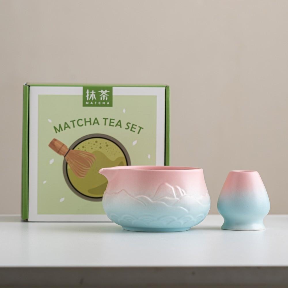 Ceramic Matcha Bowl Gradient Color with Pouring Spout Matcha Making Kit Reusable Mountain and Sea Japanese Tea Set Tea Lovers