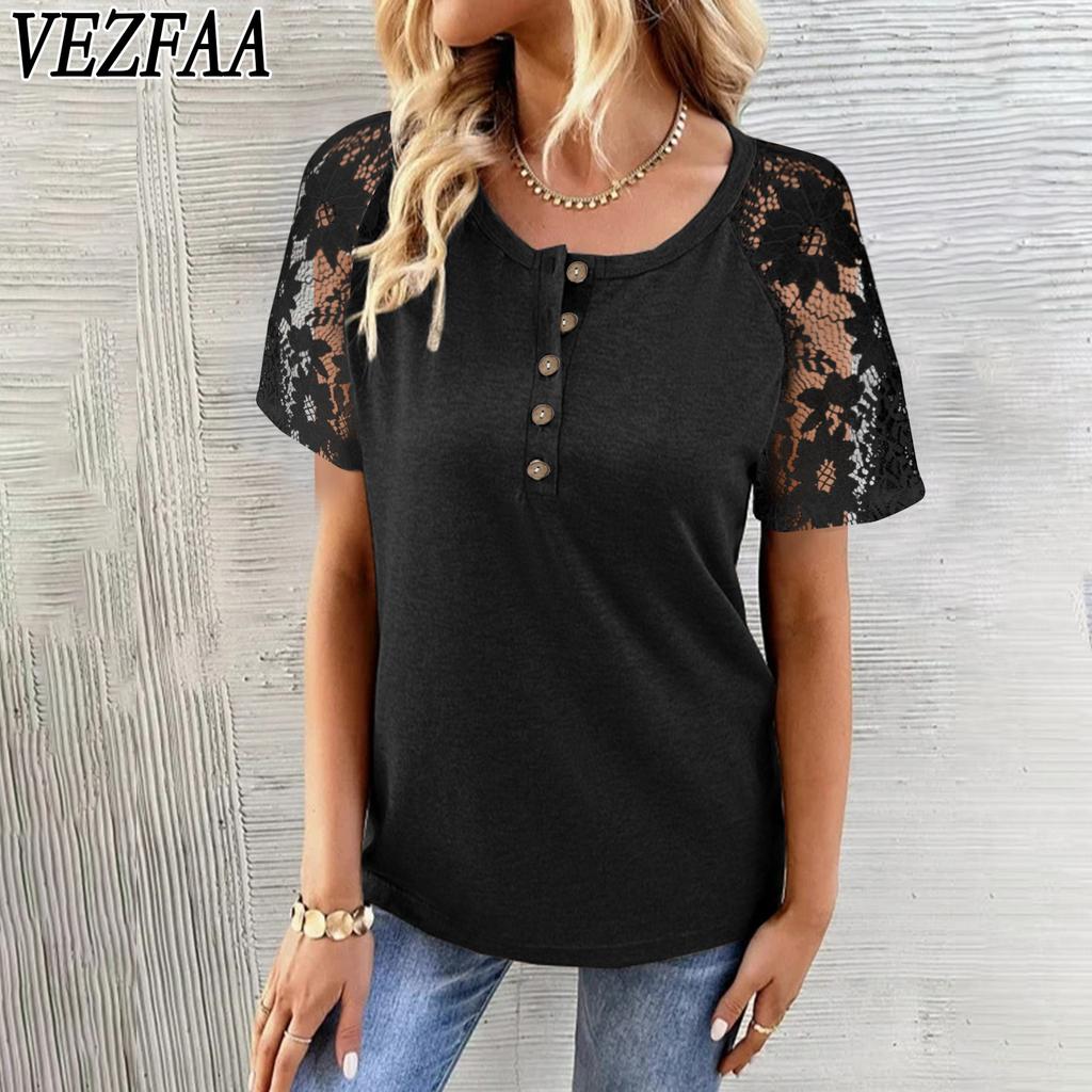 VEZFAA Women's Fashion Casual Summer Spring Solid Color Print Short Sleeve O-Neck Blouses & Shirts