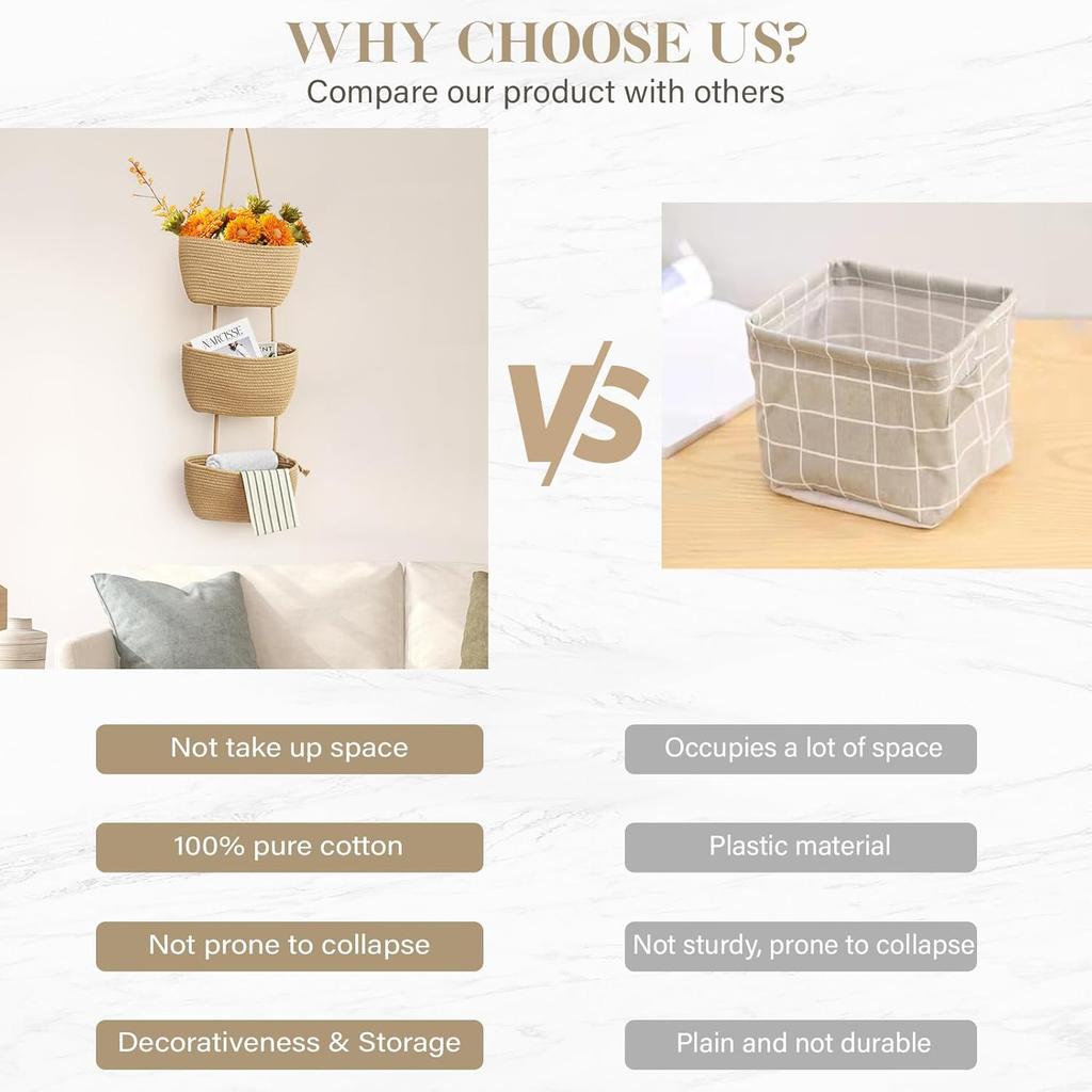 3-Layer Wall Hanging Storage Basket Multipurpose No-Punch Door Storage Pouch Handwoven Hanging Storage Pouches