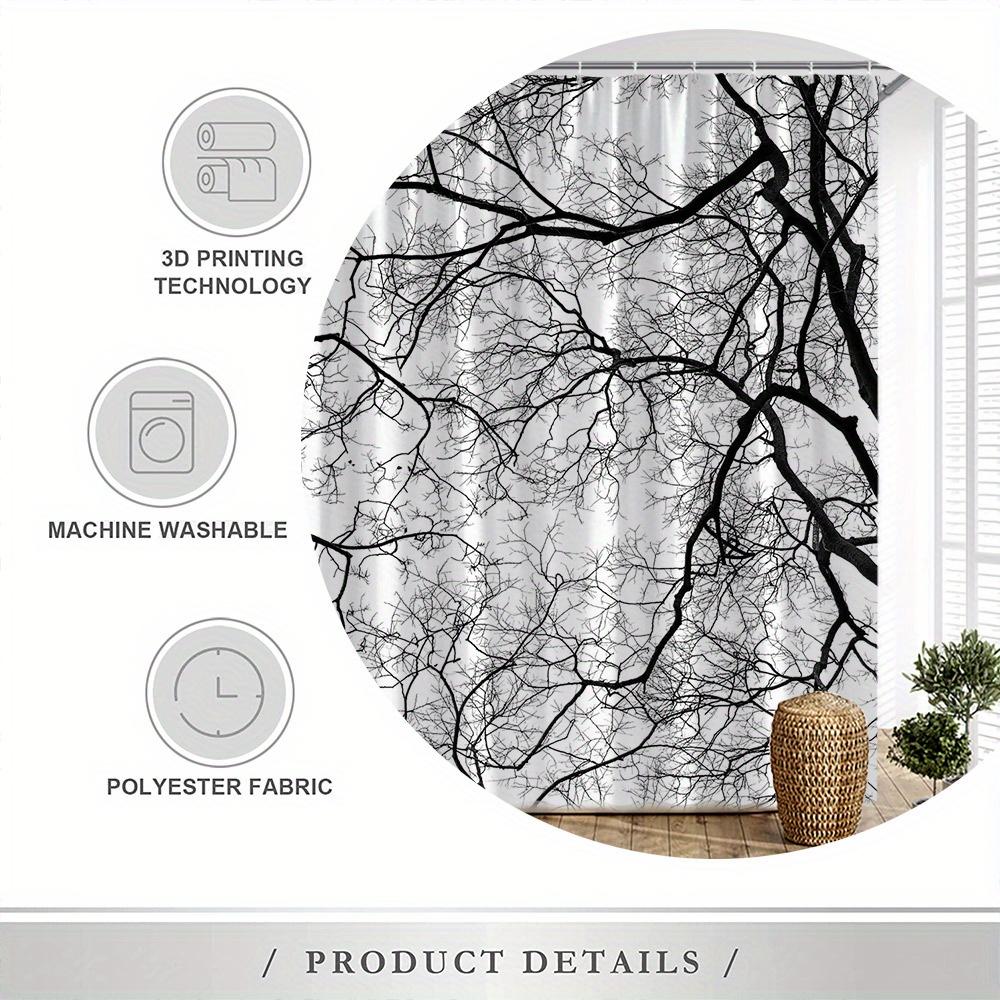 Elegant Minimalist Tree Silhouette Shower Curtain For A Modern Bathroom, Featuring A Bold Black-And-White Design Of Intricate
