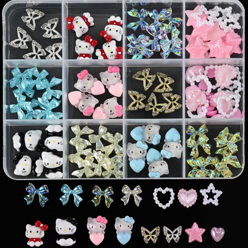 

12 Сетки/Коробка Sanrio Hello Kitty Декор для Нейл-арта Бантики Шармы для Ногтей Мультяшный DIY Декор Аксессуары для Маникюра Детали для Маникюра