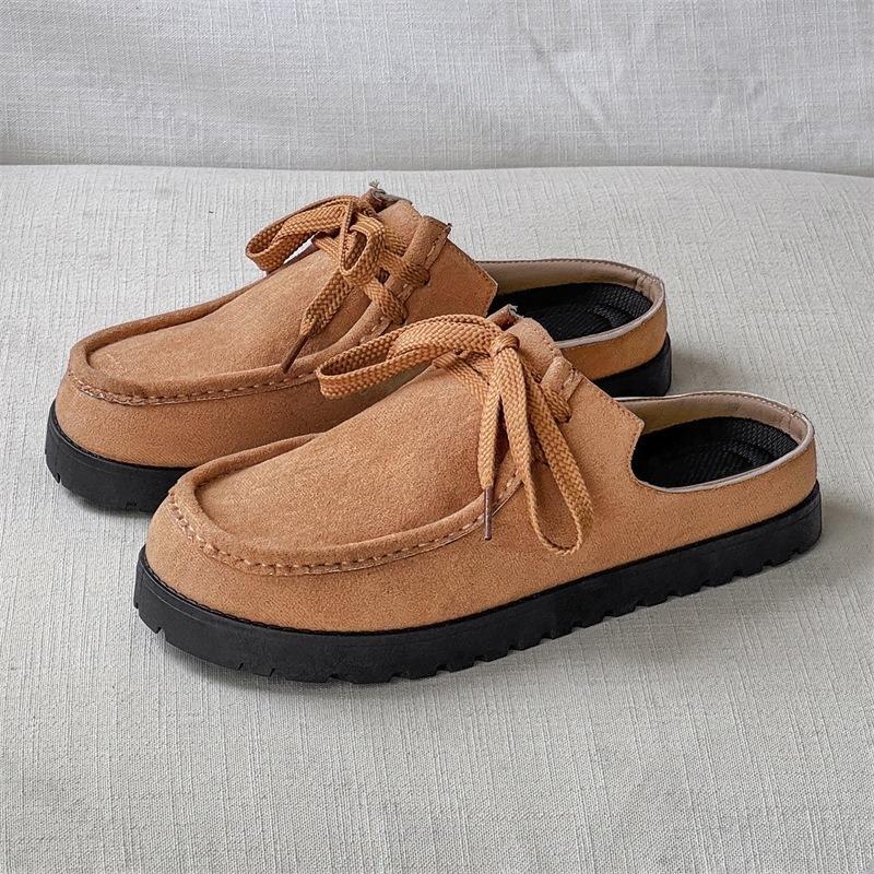 Men's Loafers 2025 Summer Comfortable Suede Casual Shoes Retro Platform Lace-up Flat Half Slippers Mules Zapatos Para Hombre