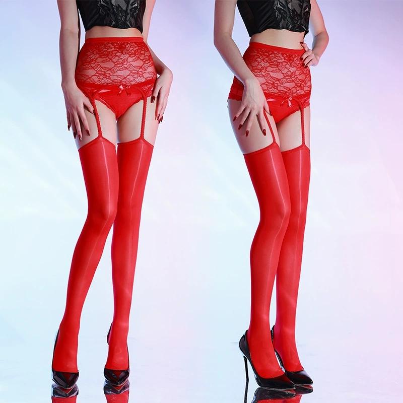 Wide Lace Garter Belt With 8D Oil Shiny Thigh High Stockings Female Erotic Transparent Nightwear Underwear Crotchless Pantyhose