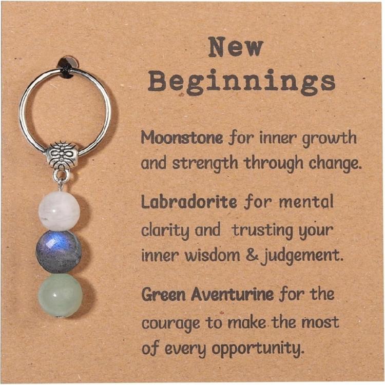 Natural Crystal Stone Keychain Green Chrysoprase Pink Moonstone Rose Quartz Beaded Healing Jewelry For Emotional Balance Gift