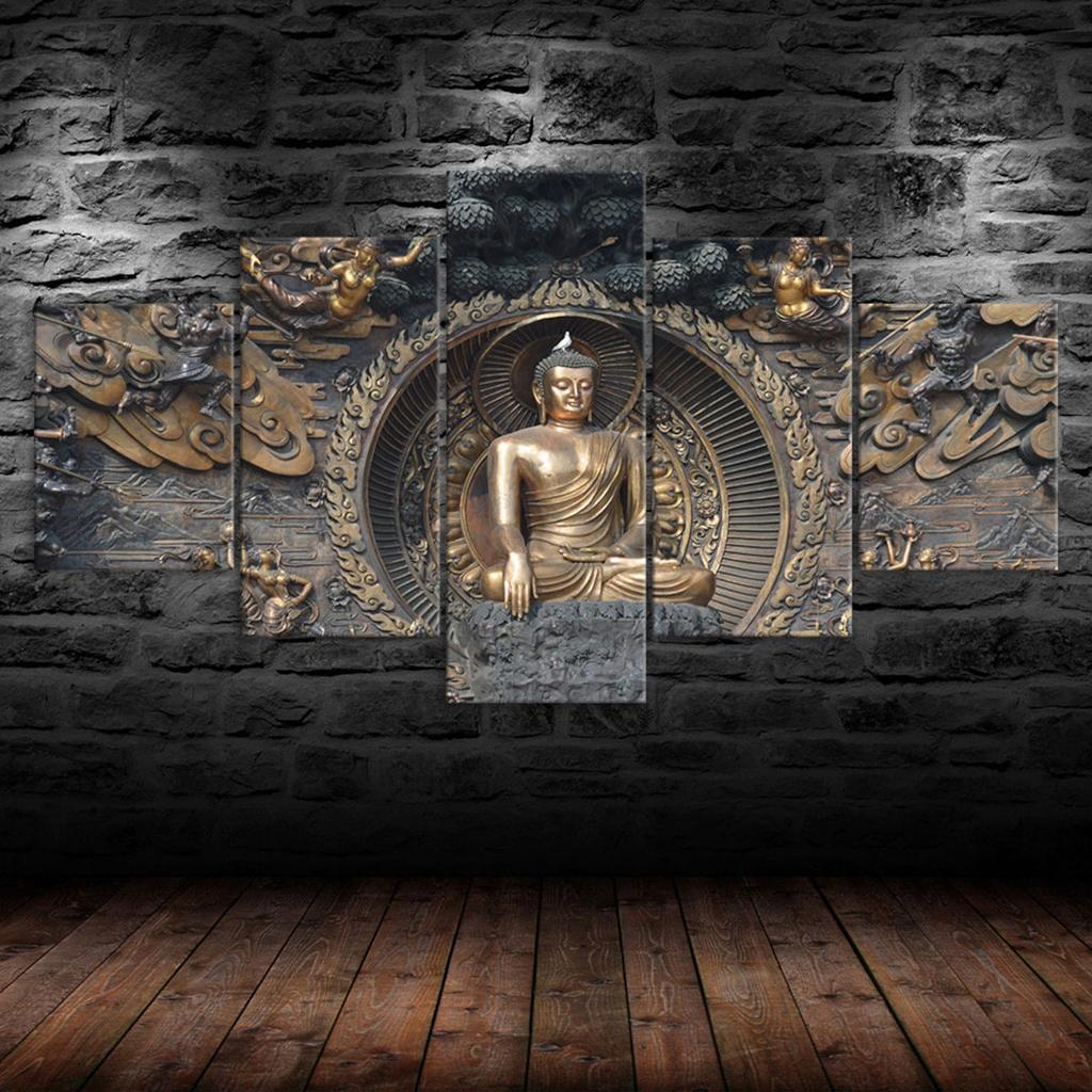 Buddha Statue Sculpture 5 Piece Five Panel Wall Canvas Print Modern Art Poster Picture Home Decor Gift For Him For Her
