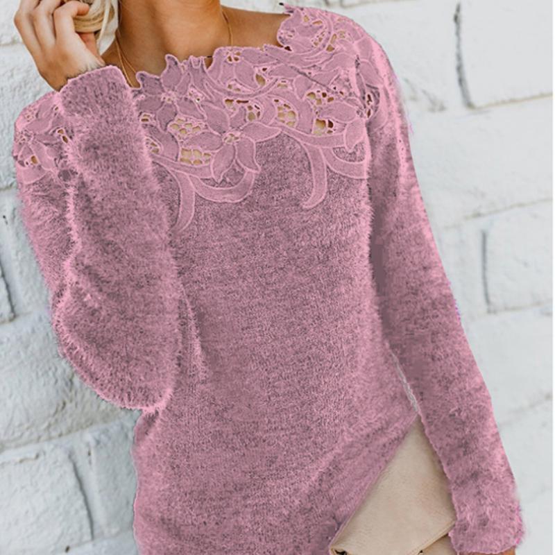 Hauts pour femmes Pull en dentelle creuse Col rond Manches longues Robe décontractée Slim Haut à manches longues pour femmes