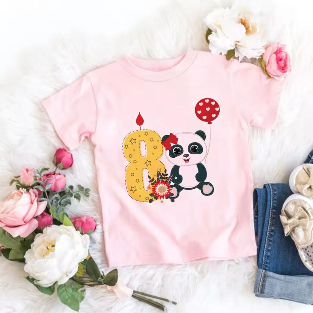 Hotselling Birthday Panda Digital Print Childrens Tshirts Roundneck Shortsleeved Tshirts for Boys and Girls Summer Modal