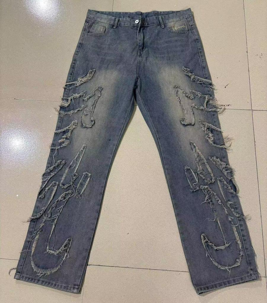 Amerikanische Retro Jeans mit Stickerei-Patchwork, gerade geschnitten