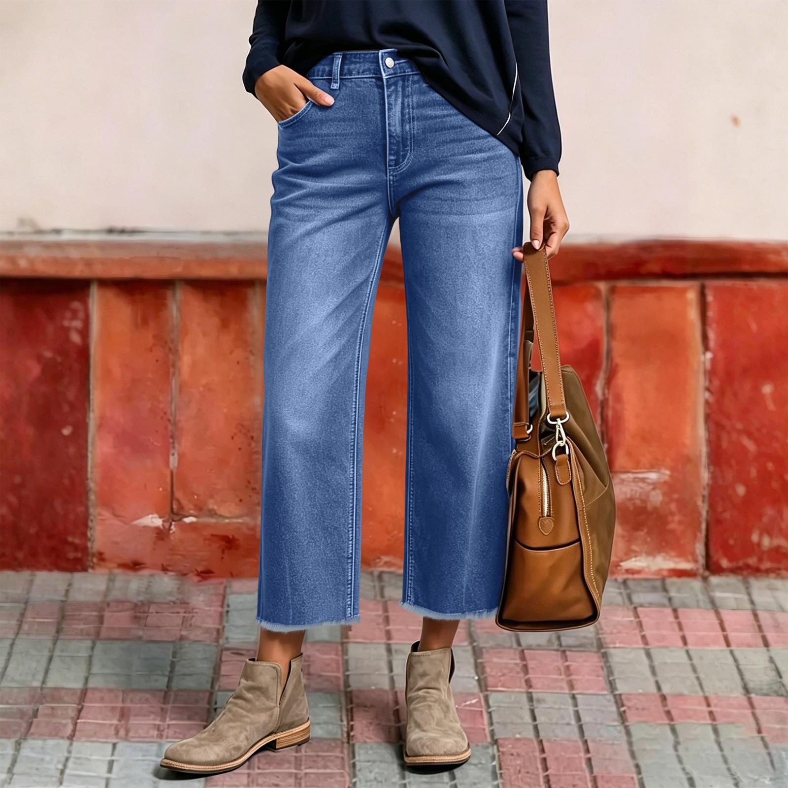 Women High Waisted Classic Denim Cropped Jeans Straight Leg Raw Hem Stretch Fabric Casual Style Pants for Everyday Wear S