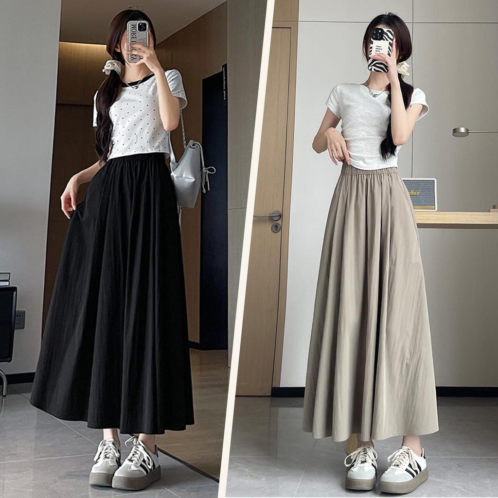 Minax Long Summer Flared Solid Loose Flattering Elegant Size Women's Skirt, Skirt, Color, Cool, Fit, Legs, Stylish, Thin, Cute, (Khaki, L)