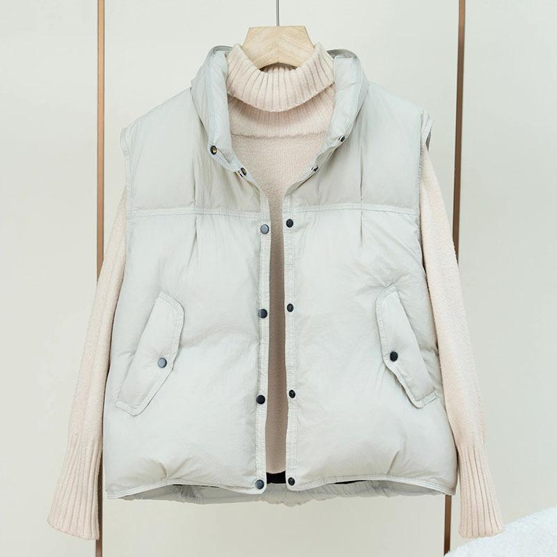 

Повседневный модный пуховый жилет женский 2025 осень и зима маленький человек откидная крышка и тонкий жилет пуховый жилет из белого утиного пуха тренд S слоновая кость