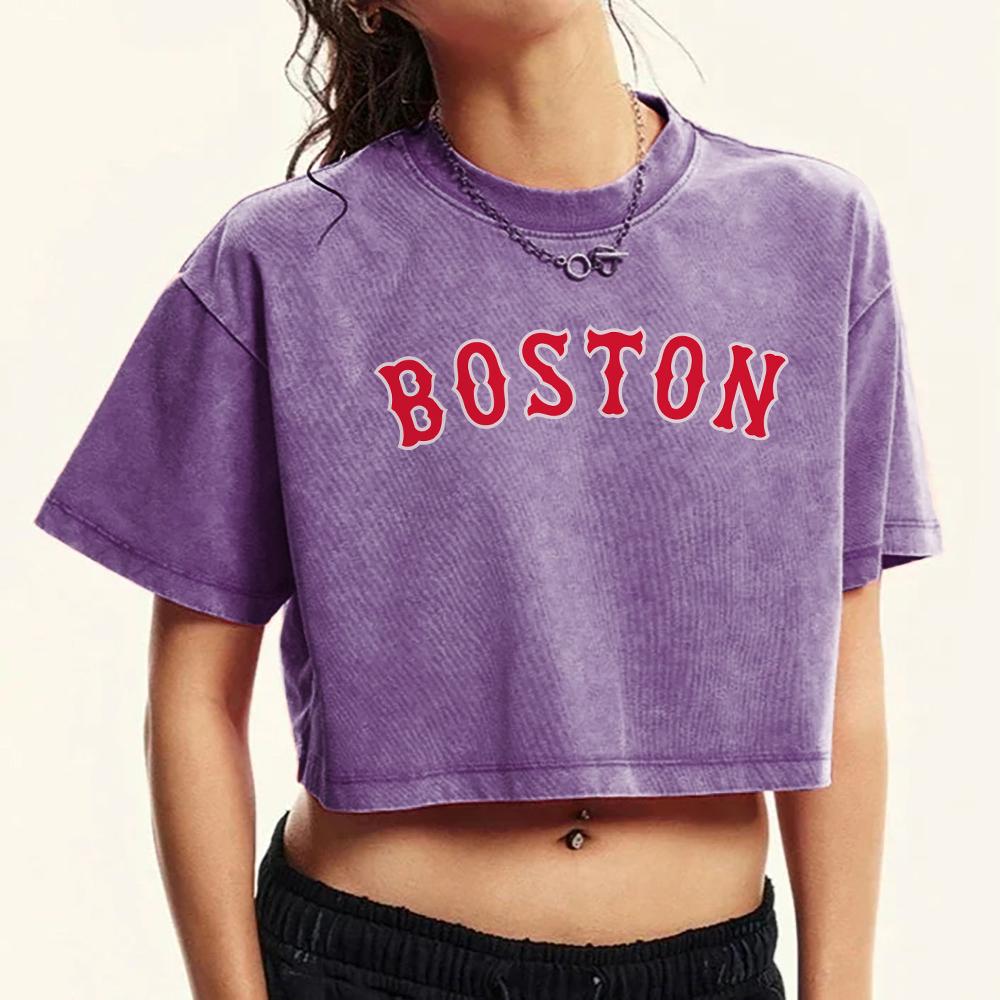 Red Letter Boston Print Washed T-Shirt Women Crewneck Retro T Shirts Fashion Crop Tees Tops Short Sleeve