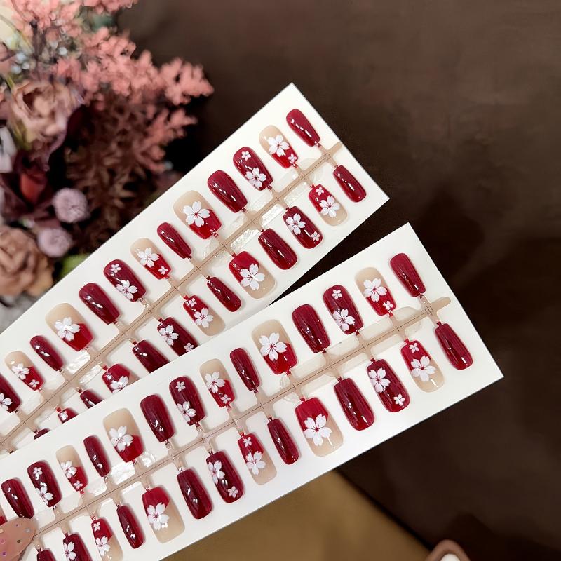 Red French Tip Press On Nails 30 PCS with Flower Prints Full Cover Fake Nails For Students and Office Use Easy Removable Nail Set