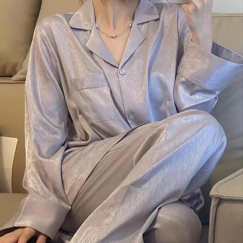 Chaebol Daughter Temperament High-Grade Texture Pajamas Women'S Long-Sleeved Trousers Spring And Summer Ice Silk Texture Loungewear
