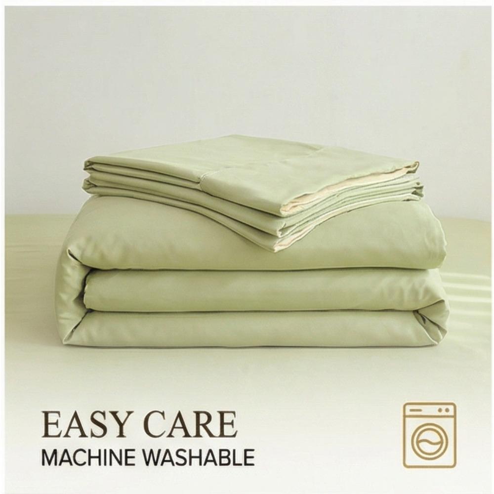 Conjunto de Roupa de Cama Simples de Algodão Lavado Duplamente Torcido - Lençol de Elástico e Capa de Cor Lisa