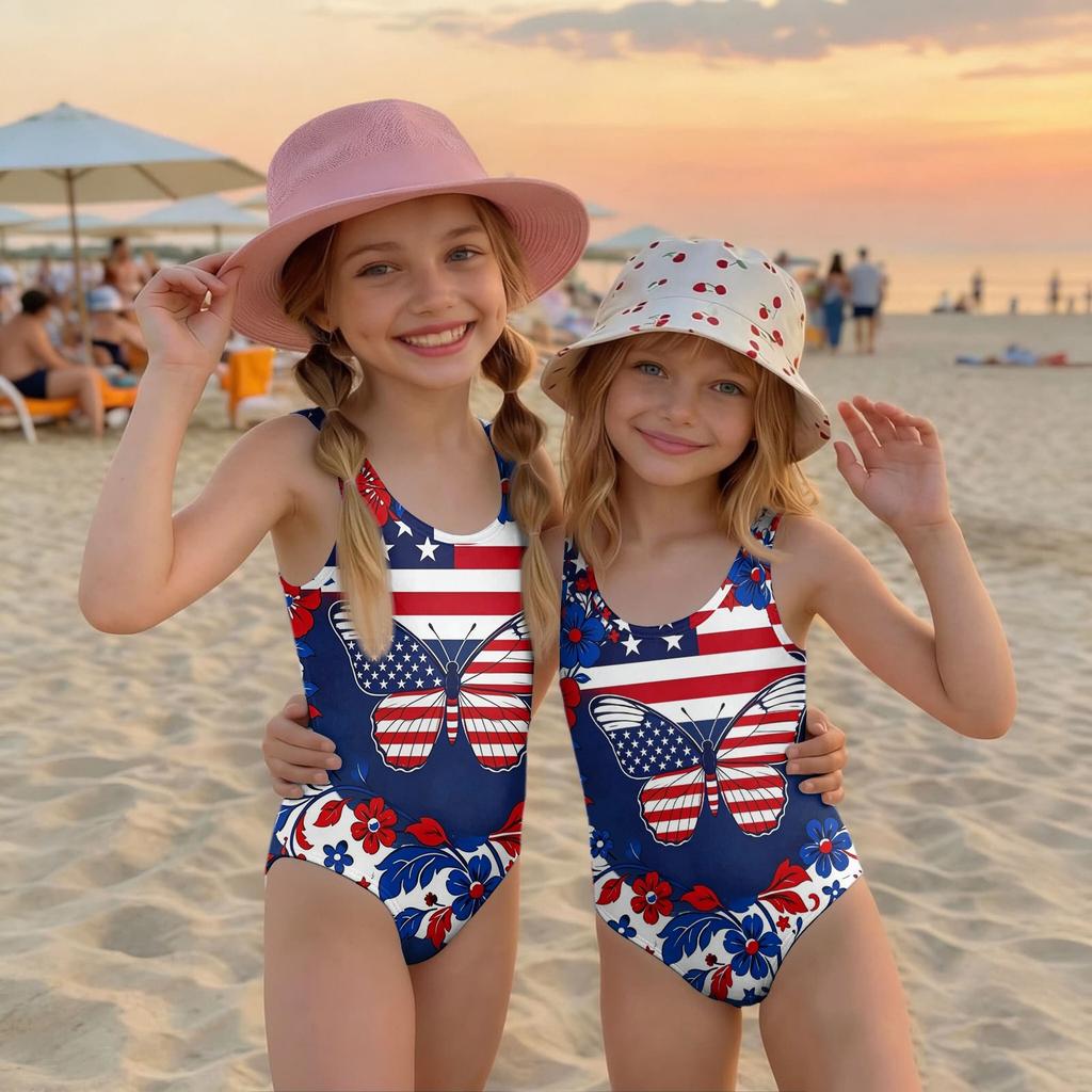 Mädchen Badeanzug Einteiler Unabhängigkeitstag Print Ärmellos Lässig Badebekleidung für Kinder Sommer Strand Pool Kleidung