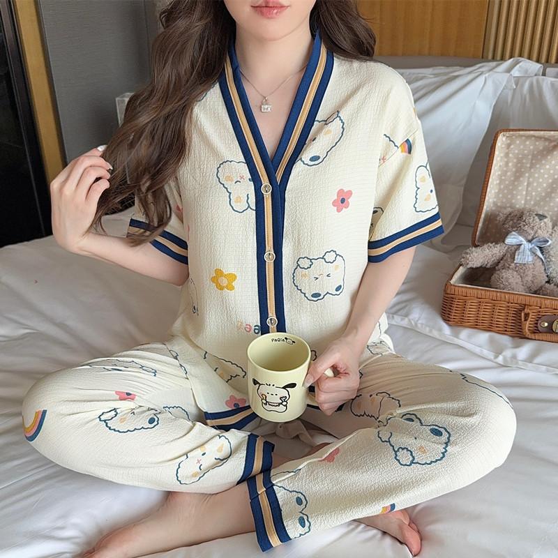 Cartoon cute pajamas women's summer thin bubble foam two-piece set short-sleeved 1011 new cartoon cardigan loungewear