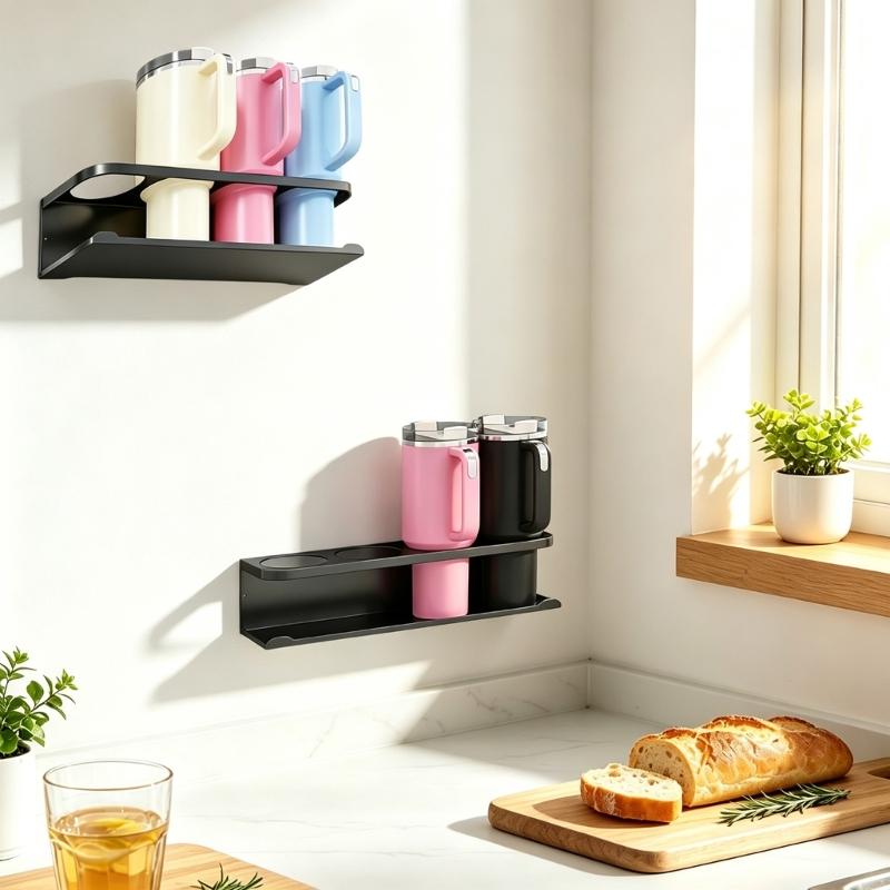 Four-Cup Wall Storage Rack with Metal Holder Rail and Lower Shelf, Keeping Kitchen Drinkware Together for Storage