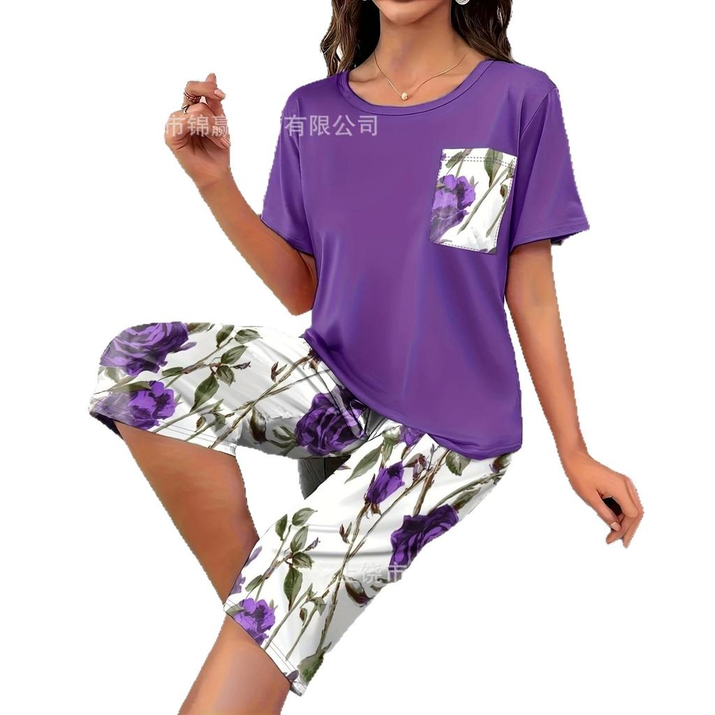 New Floral Pocket Short-sleeved Pajama Set, Breathable and Loose Women's Home Wear Two-piece Set