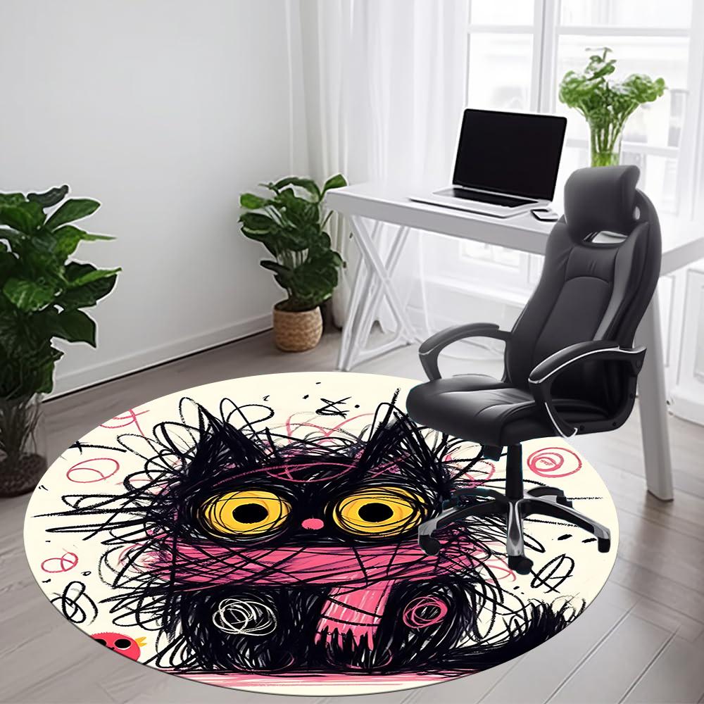 1pc Whimsical Feline Office Round Area Rug, Indoor Mat Suitable ForOffice, Under Office Chairs Bedroom Living Room Home Decor, Room Deco u44