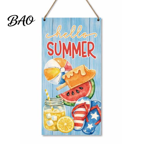 Decorative Wooden Sign Summer Hanging Sign, Welcome Front Door Decor with Yard Ornament Rope, Colorful Hanger for Seasonal Farmhouse Beach House Home
