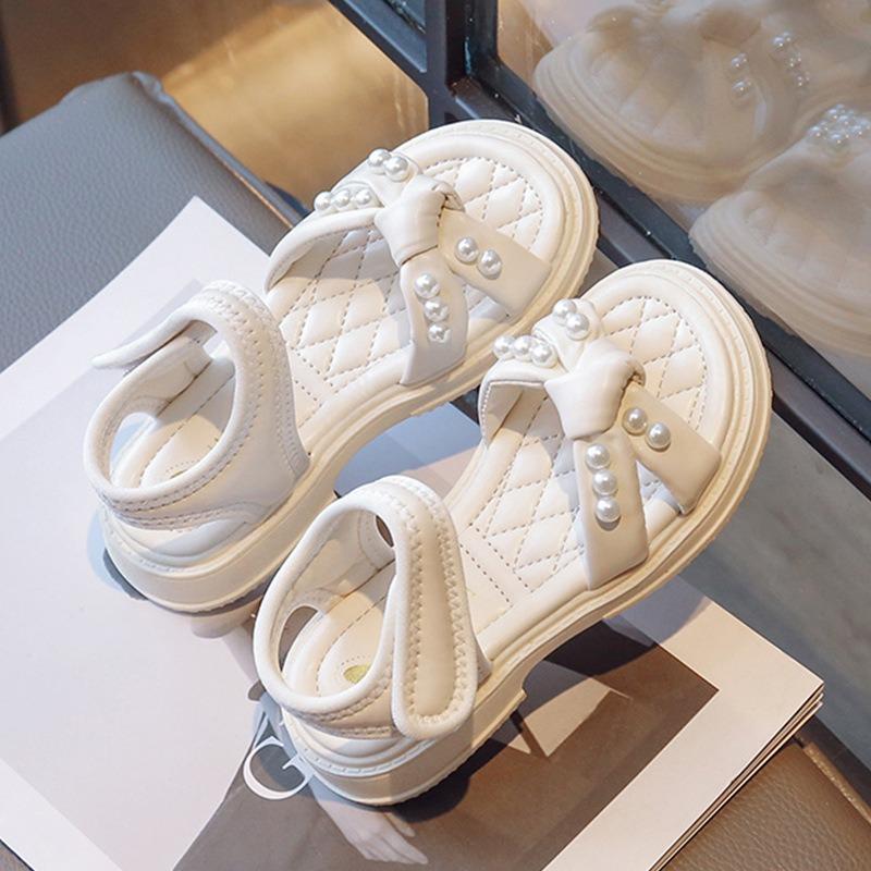 New Summer Girls' Sandals - Fashionable Pearl Princess Shoes with Non-Slip Hook & Loop Closure for Beach Wear