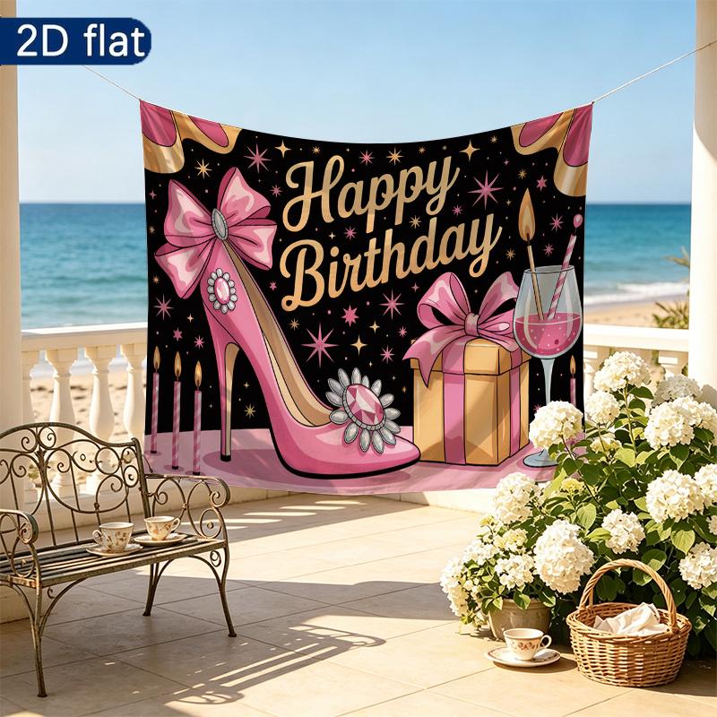 Party Banner Gifts Wine High Heel Birthday Backdrop, Polyester Wall Decor for Celebration & Photos