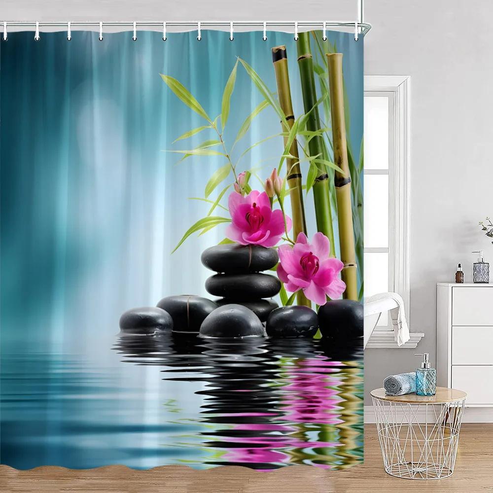 Zen Shower Curtains Green Bamboo Lotus Black Stones Buddha Meditation Bathroom Decorations Polyester Bath Curtain With Hooks
