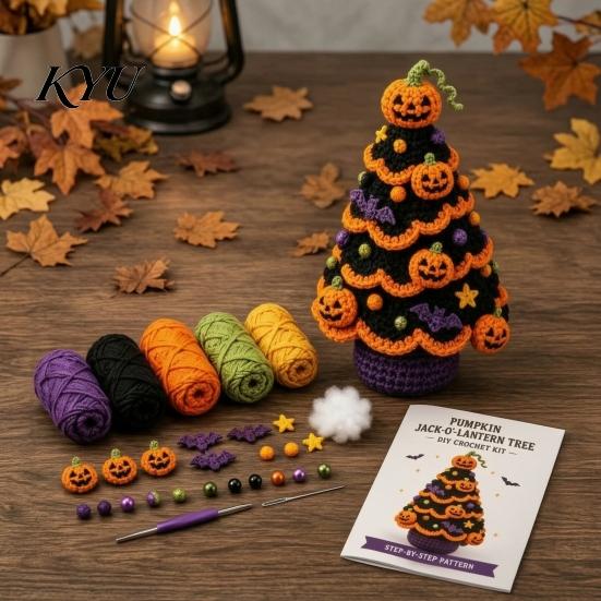 Materiały na Drzewko Świąteczne DIY Zestaw Szydełkowy na Halloween, Czarny Kot Dynia Wiedźma Rzemiosło Kapelusz Duch Zestaw do Tworzenia Rękodzieła do Dekoracji Domu, Wzory Ręcznie Robionych Prezentów