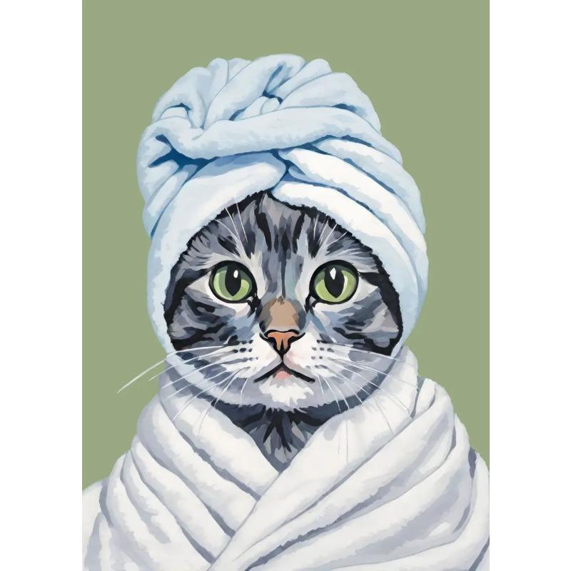 Cute Bathroom Cat Poster Print Canvas Painting Modern Funny Kitten Wearing Bathrobe Wall Art Pictures for Toilet Room Home Decor