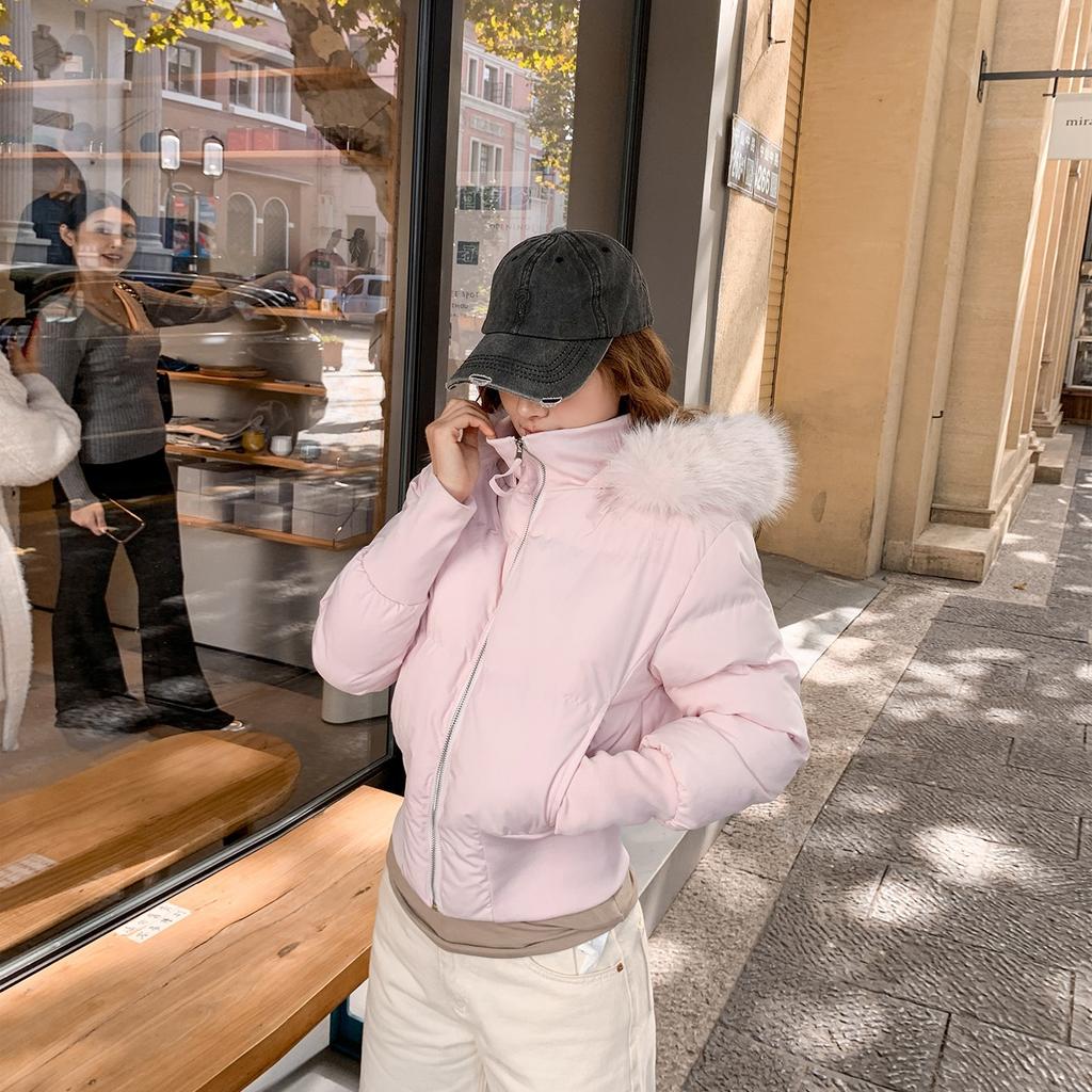 Waist hooded season coat large cotton-padded clothes versatile slim fashion short fur collar new thin cotton clothes women's winter white