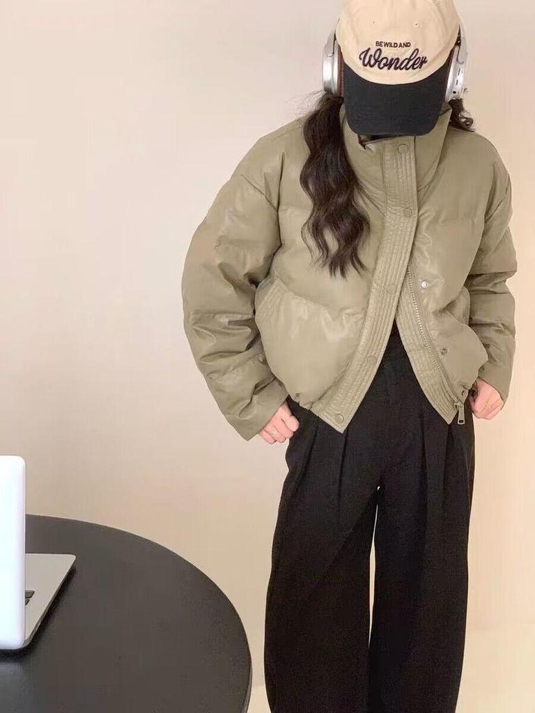 Women's 2024 Short Style Loose Thickened PU Leather and Cotton Jacket