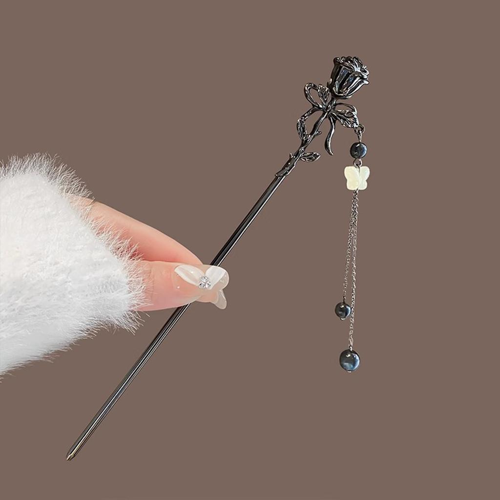 Neo Chinese Style Hairpin For Women Elegant Black Rose Tassel Hair Stick Trendy Metal Flower Hair Pin Girls Hair Accessories