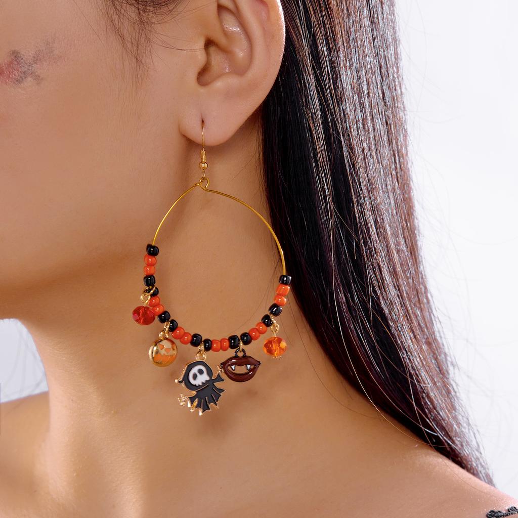 Design Sense Halloween Pumpkin Cat Earrings for Women Exaggerated Rice Beaded Big Circle Hoop Earrings Festive Party Jewelry
