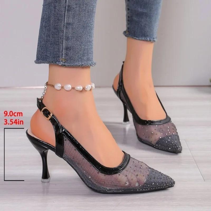 Fashion Ladies Shoes 2025 Hot Sale Buckle Strap Women's High Heels Fashion Dress Summer New Mesh Crystal Best Seller Closed Toe Sandals