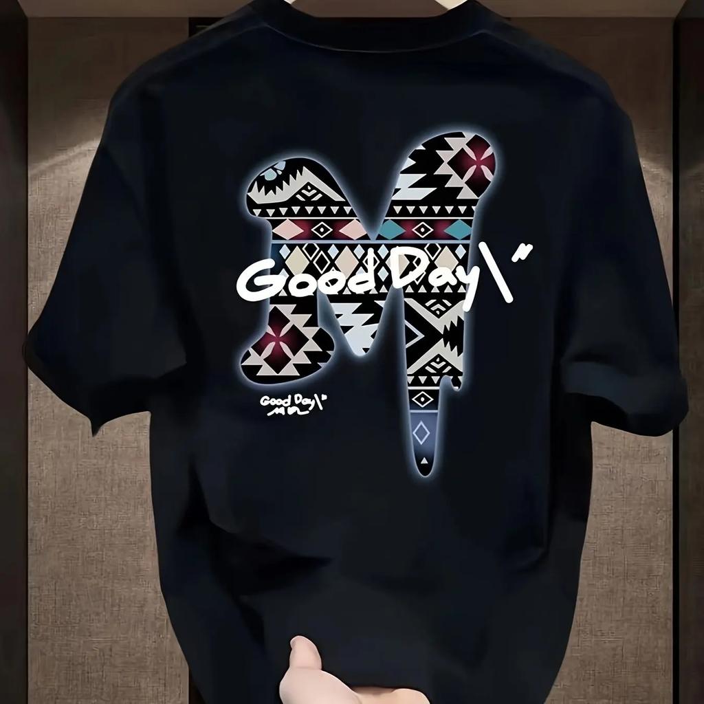 Men's Summer 100 Cotton Fashionable Casual Sports Loose Oversized Creative Letter M Printed Round Neck Short Sleeved T-shirt Top