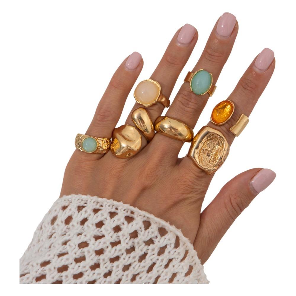 5pcs/7pcs Irregular Chunky Smooth Rings Vintage Retro Metal Ring  Matchable Jewelry