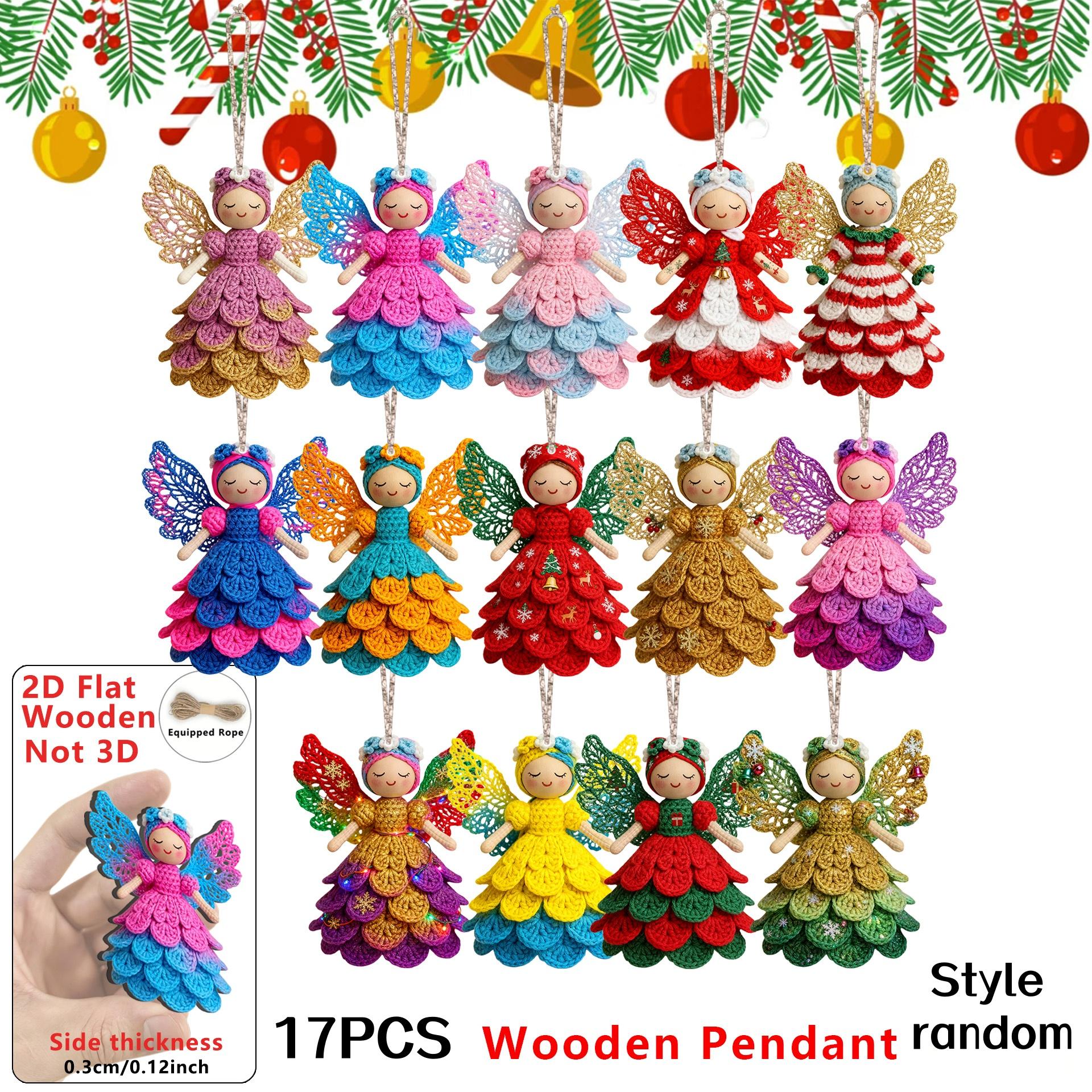 

17-Piece Set of Random-Colored Wooden Flat Christmas Angel Ornaments, Cute Knitted Hanging Decorations for Christmas Trees, C