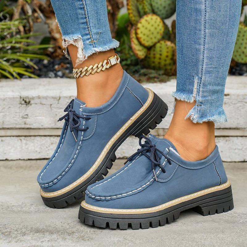 Women's Block Heel Non Slip Lace Up Leather Shoes Spring Autumn Solid Color British Style Loafers