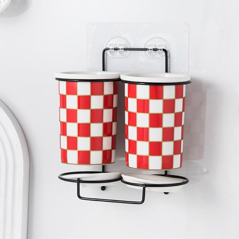 Checkerboard Ceramic Chopsticks Holder Drain Rack Chopsticks Basket Chopsticks Box Cutlery Box Storage Rack Wall-mounted Shelf