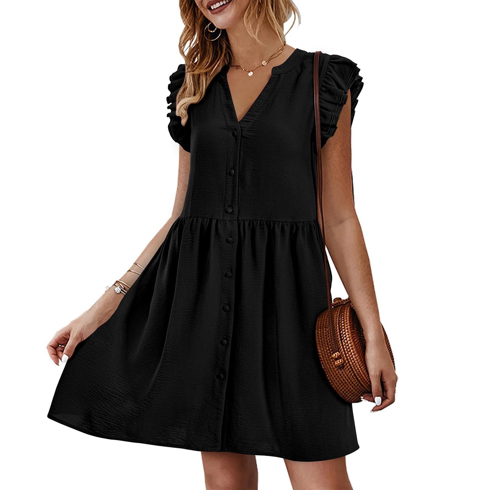 

Женское свободное однотонное платье с v-образным вырезом, двухслойное, с рюшами и плечами L чёрный