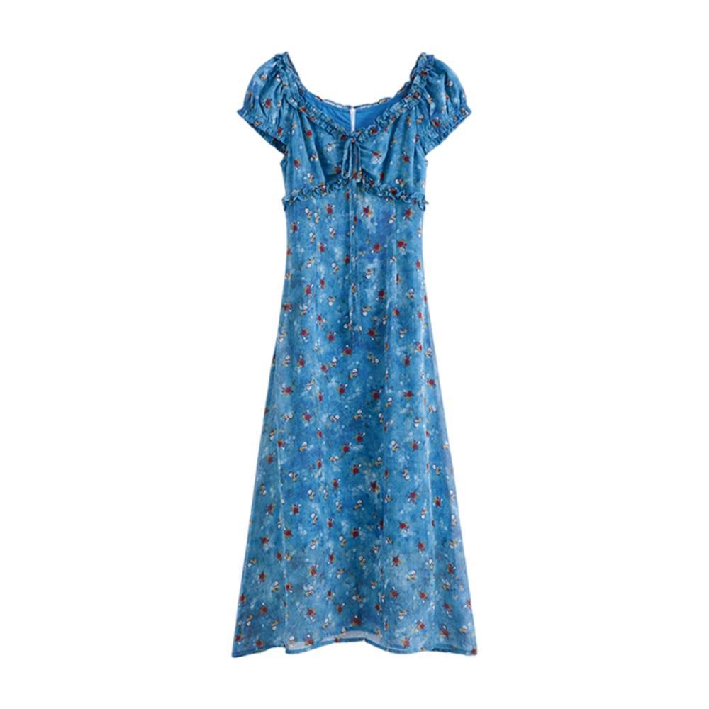 Chai Seventeen Summer Beautiful Small Skirt French Blue Floral Dress Women's Summer New Holiday Dress Foreign Style