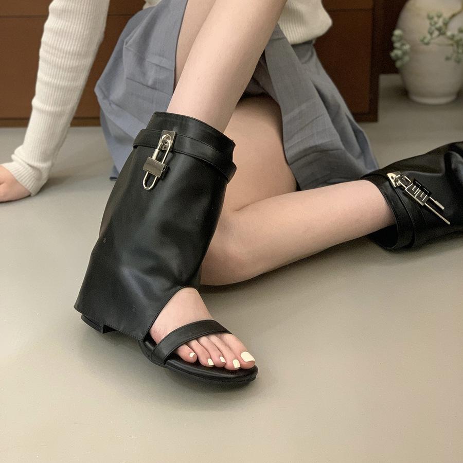 Thick Heel Black Internet Celebrity Hottie Open-toed Cool Boots Women's Shoes Summer Vacation Skirt High Heel Pants Short Boots