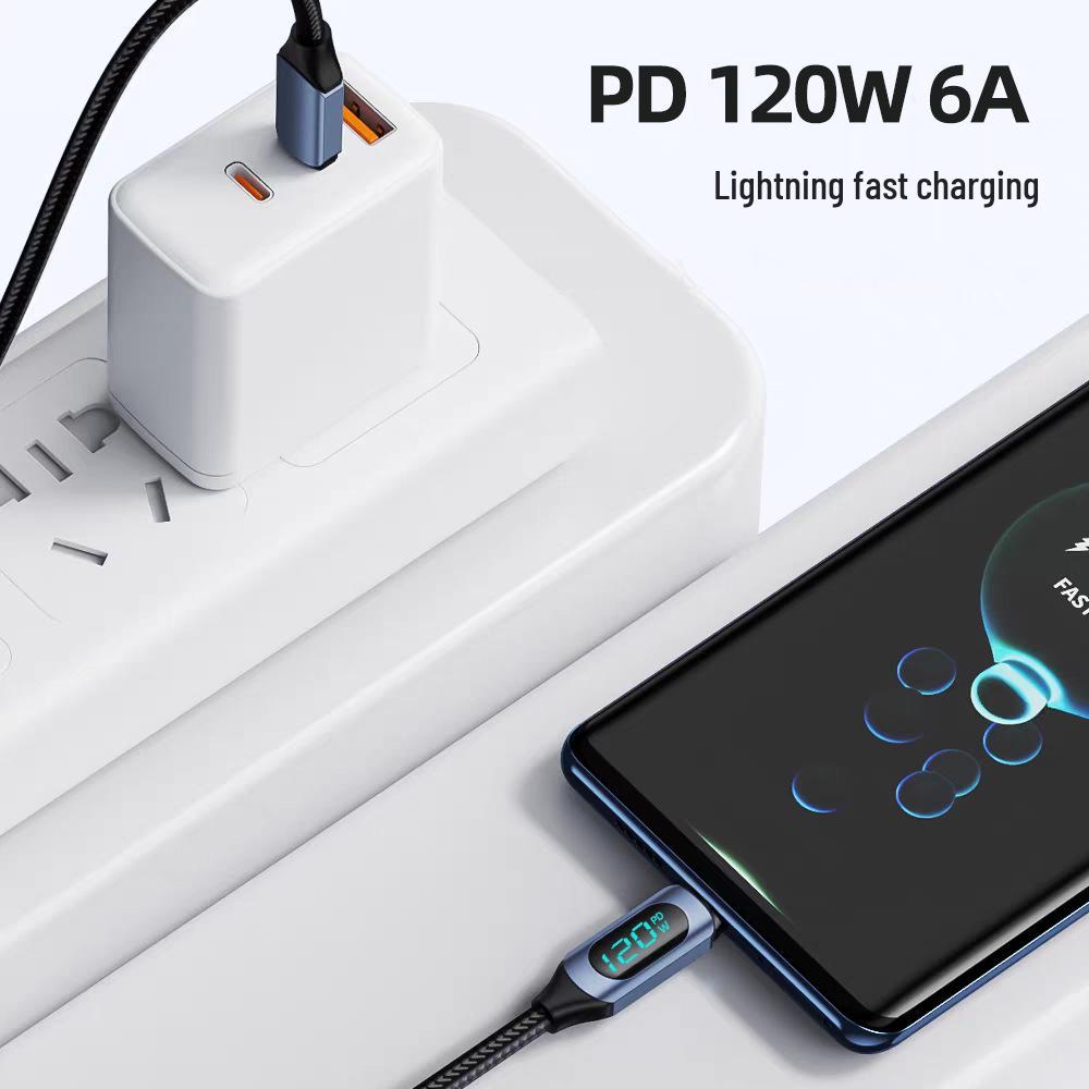 120W Dual Type-C Fast Charging Cable with Digital Display for Apple, Huawei, Vivo, and Oppo