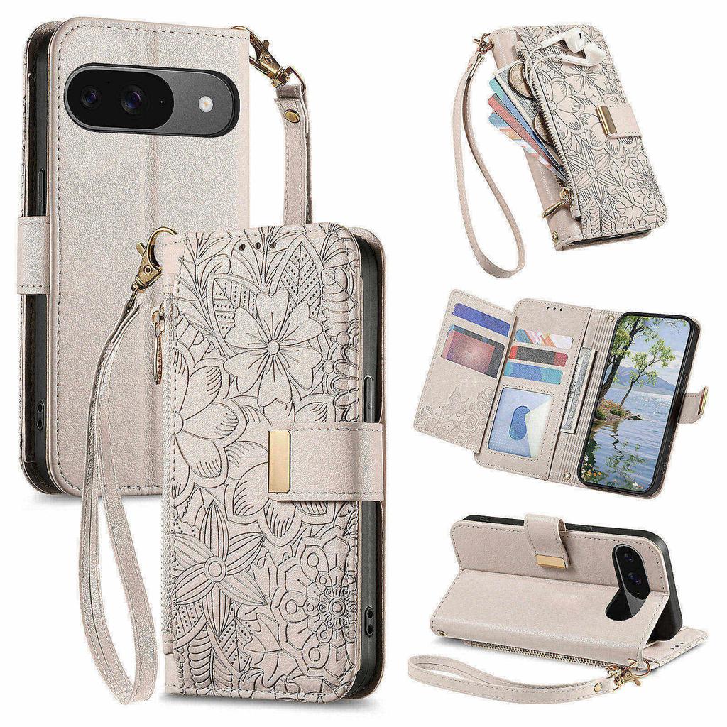 Phone Case For Google Pixel 9 Pro  / 9 Floral Leaf Pattern Multi Card Slots Zipper Leather Phone Cover with Wrist Strap