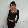 Women European Style Sexy Lace Trim Long Sleeve Slim Fit T Shirt